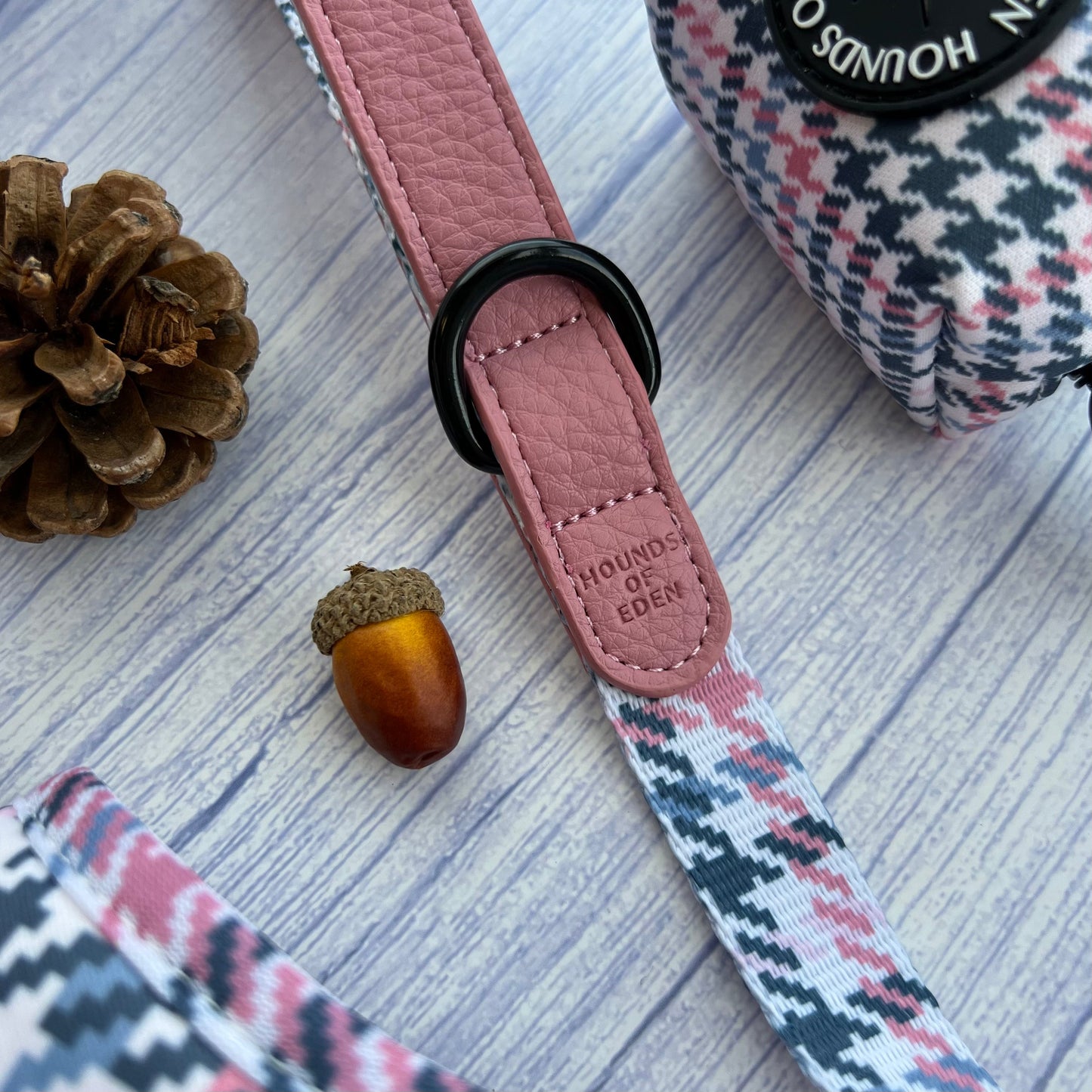 Pink Houndstooth Leather Dog Lead