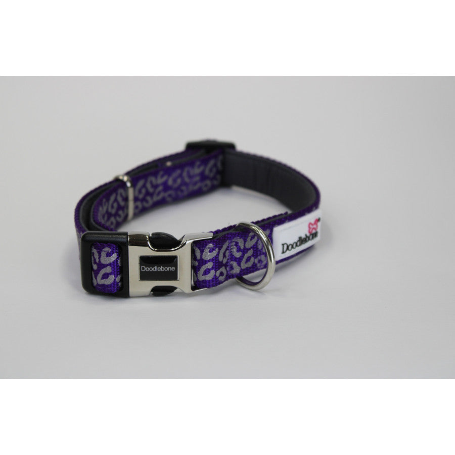 DOODLEBONE Padded Dog Collar - VIOLET LEOPARD REFLECTIVE