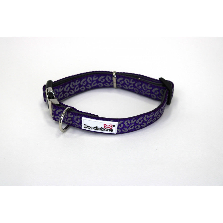 DOODLEBONE Padded Dog Collar - VIOLET LEOPARD REFLECTIVE