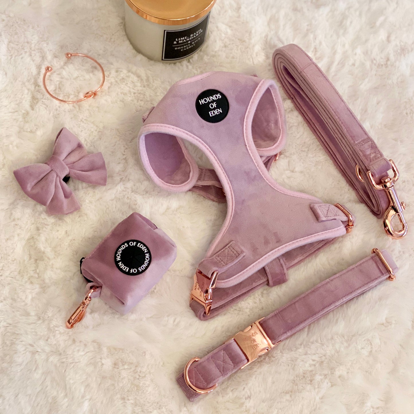 Lilac Dreams - Lilac Velvet Dog Harness with Rose Gold Metal Hardware